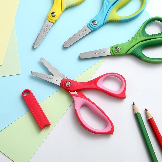 JARVISTAR 4 Pack Blunt Kids Scissors: 5.5??Small Safety Stainless Steel Blades with Cover for School Children Students Teachers Classroom Crafting
