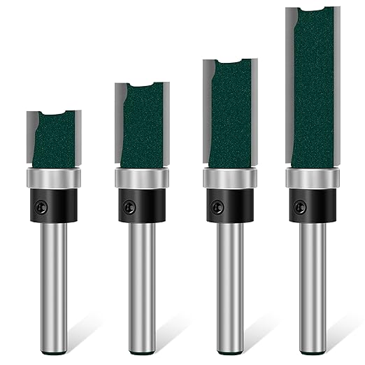 Feanron Flush Trim Router Bit Set 4 Pcs Straight Cut Router Bits 1/4 Inch Shank, Carbide Tipped Pattern Template Route Bit with Bottom Bearing, Woodworking Tools for Milling Trimming Home DIY (Green)