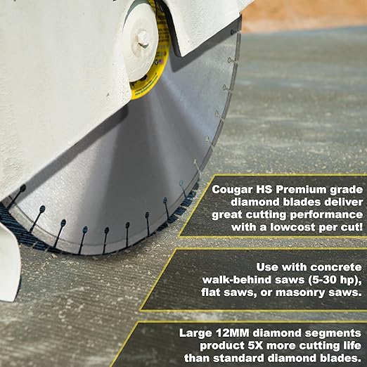 Cougar HS 20 Inch Diamond Concrete Saw Blade, Premium General Purpose Segmented Blade, Dry/Wet Cutting Concrete, Masonry, Brick, & Block 1" Arbor