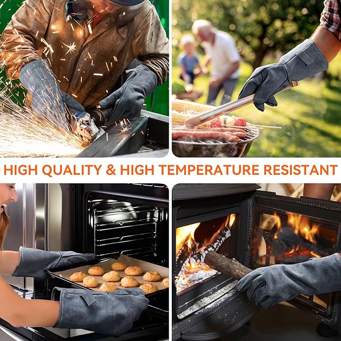 OZERO 932째F Heat Resistant Forge Welding Gloves 14 inches Cowhide Leather - Long Sleeve and Insulated Lining Grill Glove for Tig Welder/Mig/Barbecue/Stove Gray