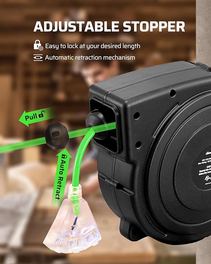 DEWENWILS Retractable Extension Cord Reel, 40 FT Heavy Duty Power Cord, 12/3C SJTOW Retractable Cord Reel, Lighted Triple Tap Outlets, 15A Circuit Breaker, Wall/Ceiling Mount, UL Listed, Green