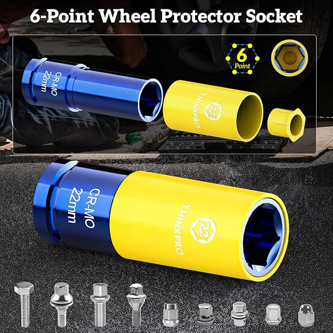 Impact Lug Nut Socket-8 Pieces Thin Wall Impact Sockets,Non-Marring Impact Socket Set,1/2 Deep Wheel Protector Metric 15 17 19 21 22 MM & SAE 13/16 7/8 in.Cr-Mo Steel