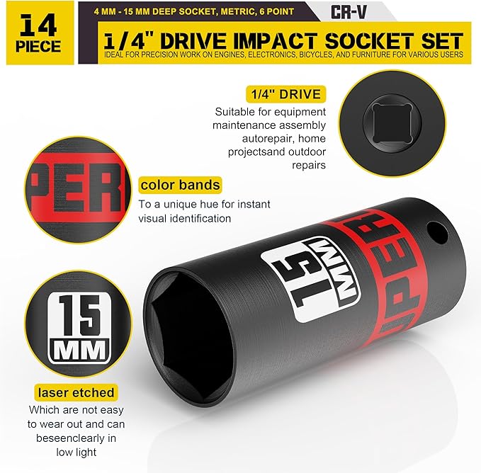 14 Piece 1/4" Drive Impact Socket Set, 4 mm - 15 mm Deep Socket, Metric, 6 Point, CR-V, Auto Repair Bicycle Maintenance and Furniture Assembly
