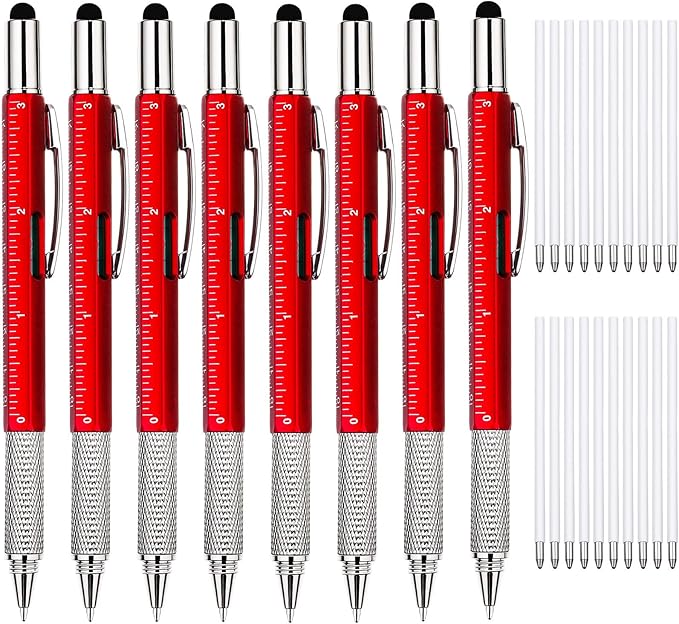 Zhanmai 8 Pcs Gift Pen for Men 6 in 1 Multitool Pen with Ruler Level Refills Screwdriver Stylus Christmas Stocking Stuffers Gift for Men Dad Husband Adults Birthday Present(Red)