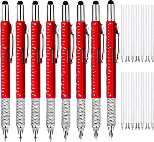 Zhanmai 8 Pcs Gift Pen for Men 6 in 1 Multitool Pen with Ruler Level Refills Screwdriver Stylus Christmas Stocking Stuffers Gift for Men Dad Husband Adults Birthday Present(Red)
