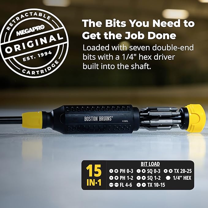 MEGAPRO짰 NHL짰 Team Edition Multi-bit Screwdriver | Officially Licensed NHL짰 Gear | Durable, Ergonomic, Pro-Grade Screwdriver (Boston Bruins짰)