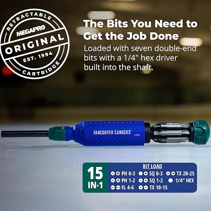 MEGAPRO짰 NHL짰 Team Edition Multi-bit Screwdriver | Officially Licensed NHL짰 Gear | Durable, Ergonomic, Pro-Grade Screwdriver (Vancouver Canucks짰)