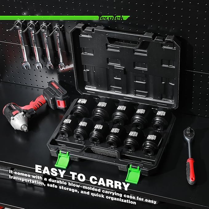 1/2" Drive Deep 6-Point Impact Socket Set, 11-Piece Standard SAE Spindle Axle Nut Impact Socket Set, Cr-Mo, 1-3/8-Inch to 2-Inch Size