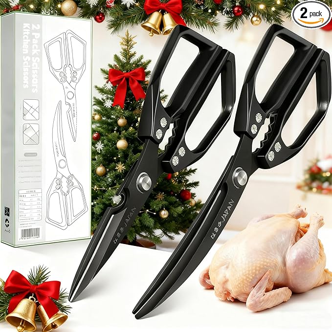 2-Piece Heavy Duty Kitchen Scissors Professional Stainless Steel Meat & Poultry Shears for Cutting Chicken Bones with Ergonomic Comfort Grip, Dishwasher Safe Cooking Scissors for Kitchen & BBQ Black