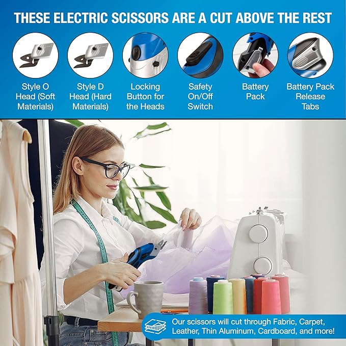 Cordless Electric Scissors for Cutting Fabric - Multifunctional Craft & Cardboard Scissors With Stainless Steel Blades & Replacement- 3.6V Lithium Ion Battery - Includes Charging Cable - Blue/Black