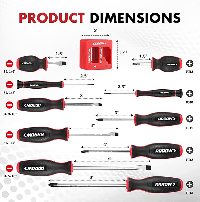 ARROW 11-Piece Magnetic Screwdriver Set, Cr-V Steel Screw driver Set with Magnetizer/Demagnetizer, 2 PCS Precision Screwdriver, Non-Slip Grip, Magnetic Phillips & Flathead Tips, for Home Improvement