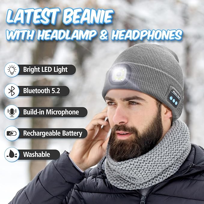 Gifts for Men Bluetooth Beanie Hat, Stocking Stuffers for Adults, Mens Gifts for Christmas, White Elephant Gift for Adults, Gift for Men Who Want Nothing Cool Gadgets, Bluetooth Hat for Husband Women
