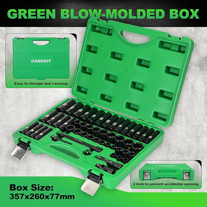 3/8" Drive Impact Socket Set, 50 Piece Standard SAE (5/16 to 3/4 inch) and Metric (8-22mm) 6 Point, Extension Bars, Impact Universal Joint, Adapter, Cr-V Steel