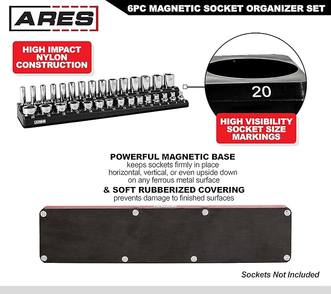 ARES 60057-6-Piece Magnetic Socket Organizers - Metric and SAE Set Black and Red -1/4 in, 3/8 in, 1/2 in Socket Holders -143 Pieces of Standard (Shallow) and Deep Sockets -Organize Your Tool Box
