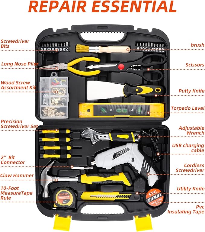 DIFFLIFE 136 Piece Tool Set,General Household Hand Tool Kit with Plastic Toolbox Storage Case-136 Piece…