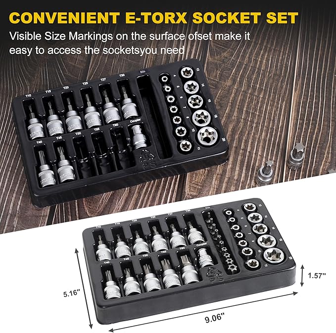 TOPLINE 34-Piece 1/4?? 3/8??Drive E-Torx Socket Set and Torx Bit Socket Set, with Storage case, Premium CR-V Steel, E4-E20, T10-T60, for Mechanic and Home Repair