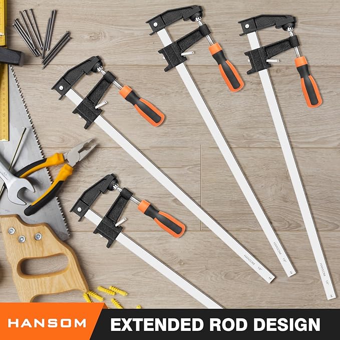 HANSOM 4-Pack 18 inch Bar Clamps,Long Wood Clamps Heavy Duty Force 600 Lbs Adjustable and Release Quickly,Woodworking Clamps Throat Depth 2.5 inch with Plastic Handle
