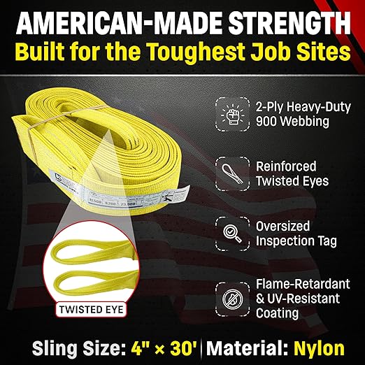 DD Sling 4 Inch x 30 Foot Nylon Lifting Sling – USA Made, 11,500 lb Vertical, 9,200 lb Choker, 23,000 lb Basket – 2-Ply Heavy Duty 900 Webbing, Type 4 Twisted Eye & Eye Rigging Sling