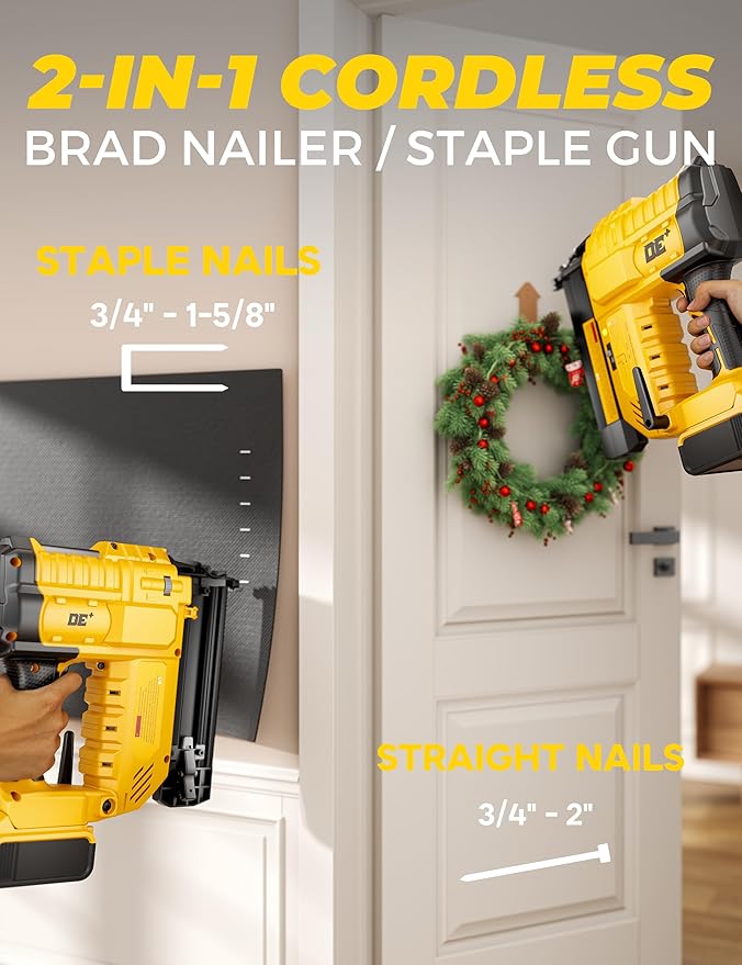 DeForce 18GA Cordless Brad Nailer, 2" Nail Gun for Dewalt 20V Max Battery, 2 IN 1 Electric Stapler, 2026 Upgraded Tool-Free Jam Release, 2 Firing Modes, Adjustable Depth, 1000pcs Nails(No Battery)