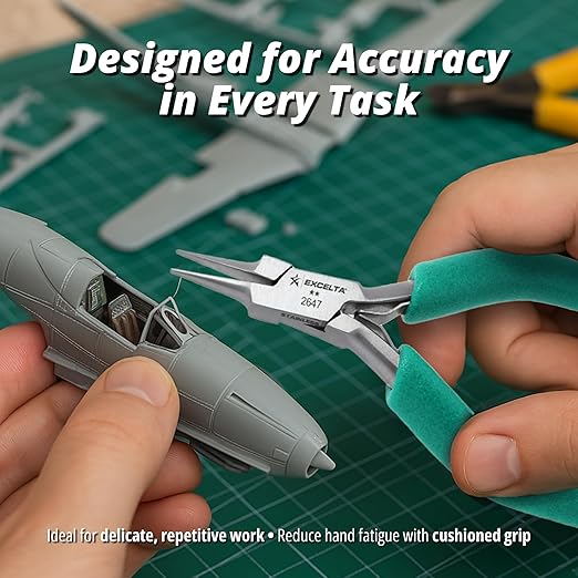 Excelta Precision Stainless Steel Needle Nose Pliers, 4.75 Inch, Cushioned Anti-Static Grip, Rust-Resistant, For Jewelry Making, Electronics Repair, Model Building, Beading, and Detailed Craft Work
