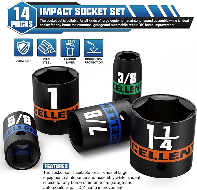 14 Pieces 1/2-Inch Drive Impact Socket Set, 3/8" to 1-1/4" Shallow Socket, 6 Point SAE Sockets for Automotive Repair, Equipment Maintenance