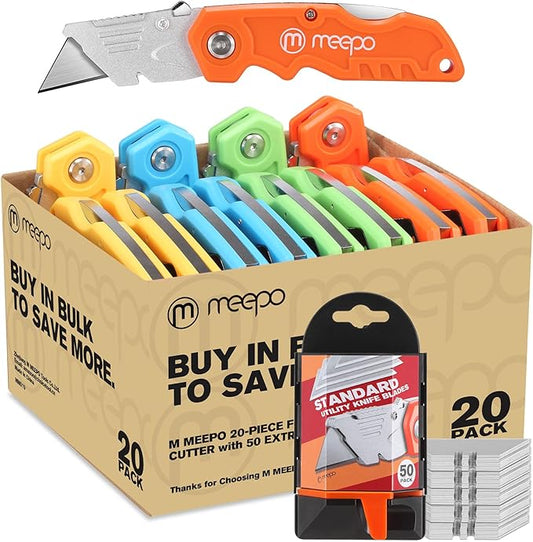 M MEEPO Box Cutter, 20-Pack Tough Folding Box Cutter Bulk for Heavy Duty Purpose, Razor Sharp Utility Knife Bulk, with Extra 50-Piece Blades, Can cut Drywall, Sheet Plastic, Linoleum, Boxes, Rope