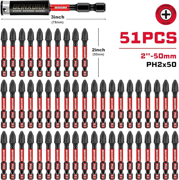 Impact Tough #2 Phillips 2 in. Insert Driver Bits,50Pack PH2 Screwdriver Bits Set with 1Pcs Impact Bit Holder,Bulk