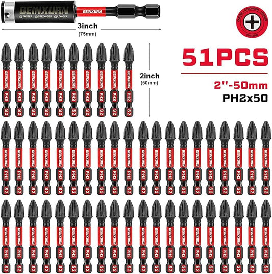 Impact Tough #2 Phillips 2 in. Insert Driver Bits,50Pack PH2 Screwdriver Bits Set with 1Pcs Impact Bit Holder,Bulk