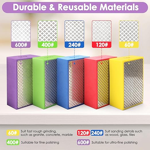 5PCS Diamond Polishing Pads Grit 60# 120# 240# 400# 600#, Wet & Dry Diamond Sanding Pads for Ceramic Tile Metal Marble Glass Granite Wood Stone, Hand Sanding Block Foam Backing