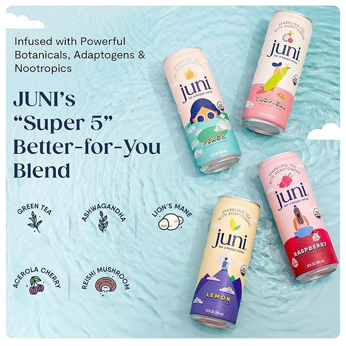 Juni Sparkling Adaptogen Drink with Ashwagandha, Lion?셲 Mane & Reishi Mushrooms, Green Tea for Focus, Zero Sugar, 10 Calories, Organic Non Alcoholic Drinks - Lemonade Iced Tea 12 pack