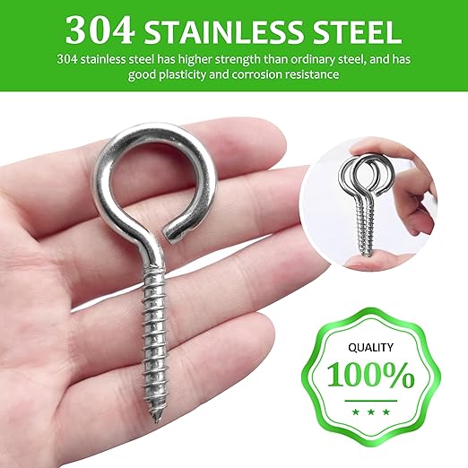 M5 20 Pcs 304 Stainless Steel Screws Eye,2.56 Inch Screw Self Tapping Eye,Load Bearing 200LB, Duty Eye Bolt for Wood Securing Cables Wire,Indoor & Outdoor Use (20, M5 2.56 Inch)