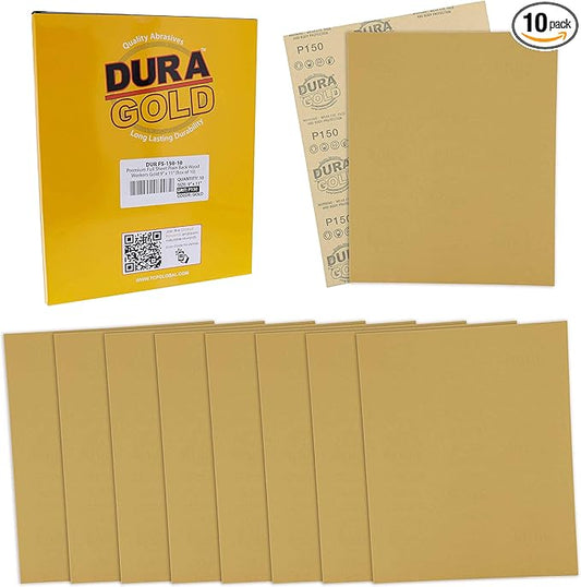 Dura-Gold Premium 9" x 11" Gold Sandpaper Sheets, 150 Grit (Box of 10) - Wood Furniture Woodworking, Automotive Paint, Full-Size Cut to Use on 1/4, 1/3, 1/2 Sheet Finishing Sanders, Hand Sanding Block