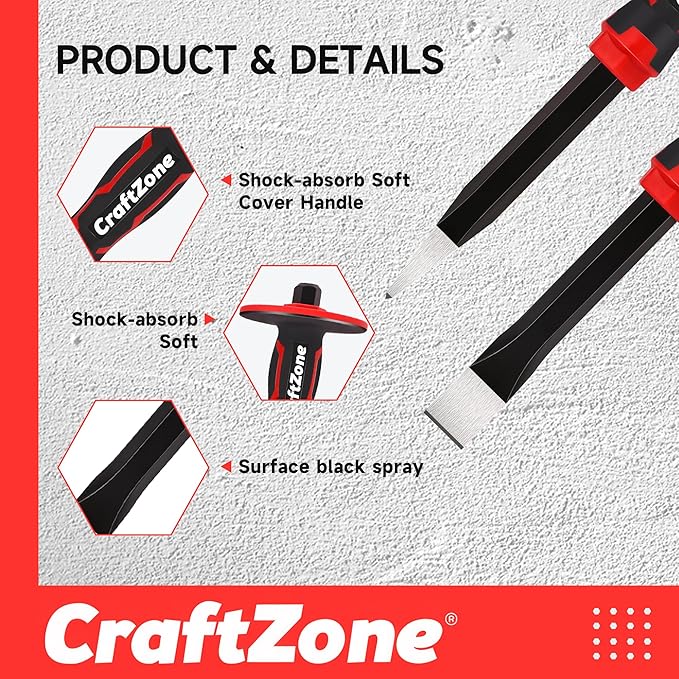 Masonry Chisel Set - 2-Piece Heavy Duty Pointed & Flat Rock Chisels, Concrete Stone Chisel with Hand Protection for Brick Breaking Carving Splitting Cutting Mason Tools