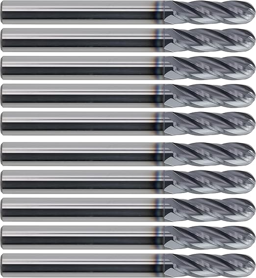 CME 10 pcs Micrograin Carbide End Mills, Ball Nose, TiAlN Coated, 3/16" Mill Diameter, 5/8" Length of Cut, 2" Overall Length, 4 Flute, Center Cutting
