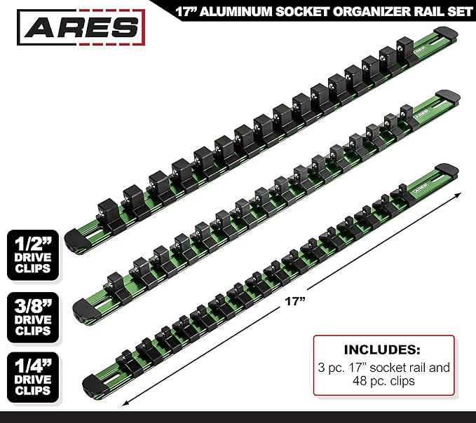 ARES 60126-3-Piece Green 17-Inch Aluminum Socket Rail Set with Locking End Caps - Includes 1/4-Inch, 3/8-Inch, and 1/2-Inch Drive Rails - Each Aluminum Rail Stores up to 16 Sockets