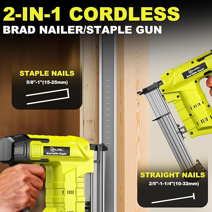 SILVEL 21V Cordless Nail Gun, 2-in-1 Electric Brad Nailer Stapler Gun with 2 * 5.0Ah Battery Powered, 1000pcs Nails, 18GA Staples,for Woodworking, Home Improvement, Carpentry, DIY Project Green