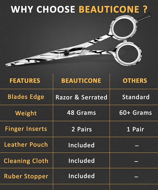 BEAUTICONE 짰 Hair Cutting Scissors - High Carbon SS 6.5" Professional Barber-Grade Salon Shears with Serrated & Razor Edge - Black Premium Gift Box with Leather Pouch & Extra Accs - Ultra Lightweight