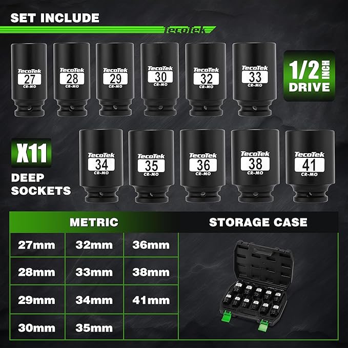 1/2" Drive Deep 6-Point Impact Socket Set, 11-Piece Deep Metric Spindle Axle Nut Impact Socket Set, Cr-Mo, 27mm - 41mm