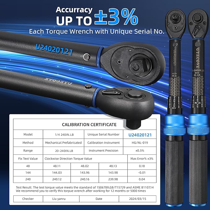 UYECOVE 1/4-Inch Drive Click Torque Wrench, Dual-Direction Click Professional Torque Wrench 20-240IN.LB/27.12-325.44N.M, Dual Range Scales Graduated in IN.LB and N.M, Blue