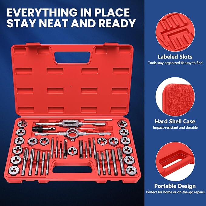40 PCS SAE Tap and Die Set, Standard Inch Threading Tool Kit for Internal and External Threads, Tap & Die Set with Wrenches for Automotive, DIY, and Metal Repair
