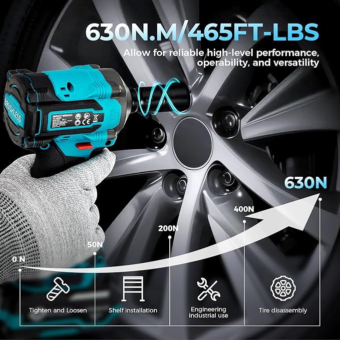 1/2" Cordless Impact Wrench Kit, Impact Gun 3-Mode Speed with 4.0Ah Battery and Fast Charger, 20V High Torque 465Ft-lbs (630N.m), Brushless 2500RPM Power Electric Impact Wrench with LED Light for Car