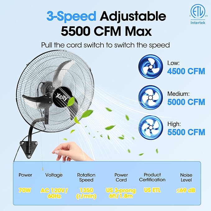 Xcity 20 Inch Metal Oscillating Wall Mount Fan,Max 5500 CFM High Velocity Industrial Wall Fan & Adjustable tilt for Garage, Shop, Warehouse, Factory, homes