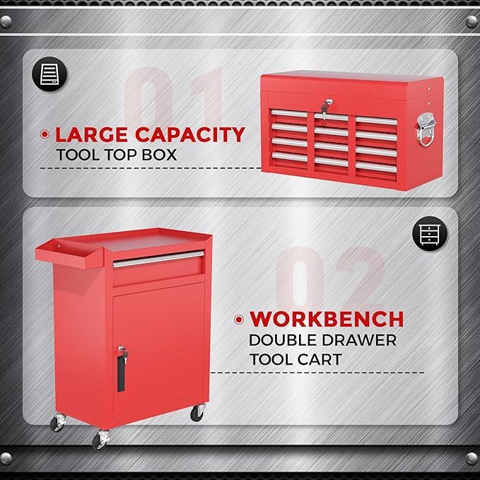 INTERGREAT Rolling Tool Chest, 5-Drawer Tool Box Organizer w/Lockable Wheels & Sliding Drawers & Detachable Top, Tool Storage Cabinet for Garage Workshop (Red)