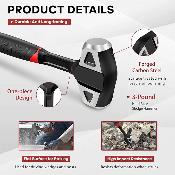 YIYITOOLS 3lb Hard Face Sledge Hammer, Heavy Duty One-Piece Forged Carbon Steel, 3-Pound Strike Drilling/Crack Hammer with Anti-Vibration Rubber Grip for Rock, Demolition & General Construction