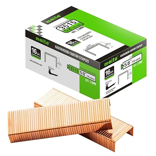 meite Carton Closing Staples 16 Gauge 1-3/8" Wide Crown 5/8" Leg Copper-Coated Carton Staples for Pneumatic or Manual Box Stapler Gun - Cardboard Closer Packaging (4,000PCS)