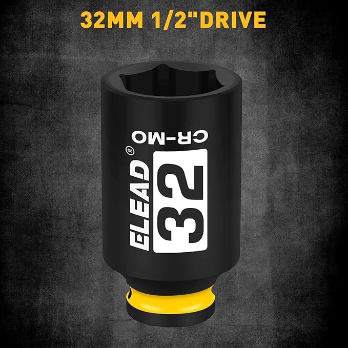ELEAD 1/2" Drive Deep Impact Socket, 32 mm Metric 6 Point 1/2-inch Drive Impact Axle Nut Sockets, CR-MO Nut Socket Set, Oil Filter Sockets, Tools for Easy Removal of Axle Shaft Nuts