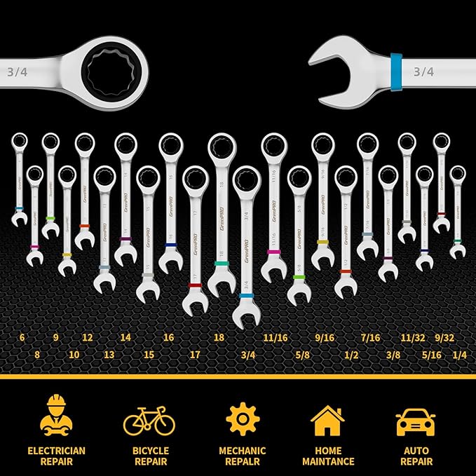 GRENPRO Ratcheting Wrench Set, 23PCS Combination Wrench Sets, Wrench Set Metric and Standard & SAE, 6-18mm & 1/4" to 3/4" with Color Ring, Ratchet Set With Roll Up Pouch, CRV Socket Mechanic Tool Sets