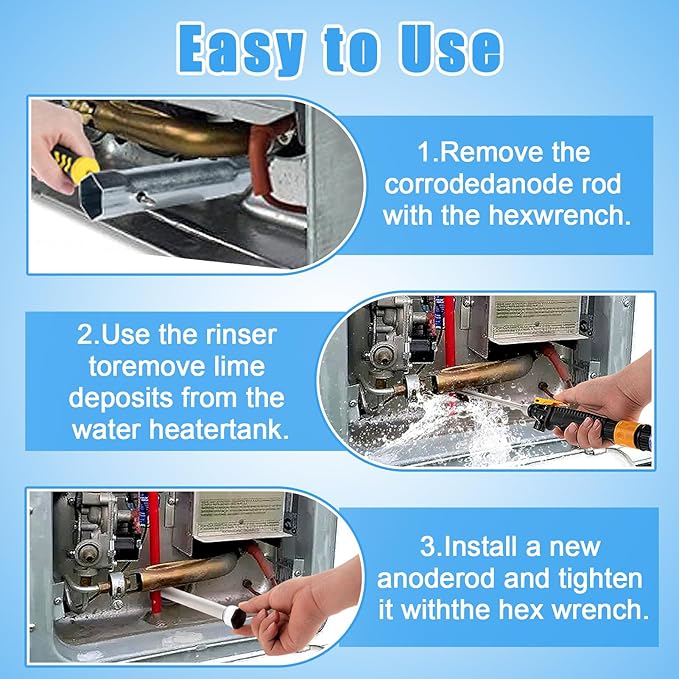 PAMASE 5Pcs RV Water Heater Anode Rod & Flush Wand & Element Socket Set - 9.25"L x 3/4"NPT Thread Magnesium Rod for Suburban, Mor-Flo, with Dual Hex Wrench, Camper Hot Water Tank Cleaning Rinser