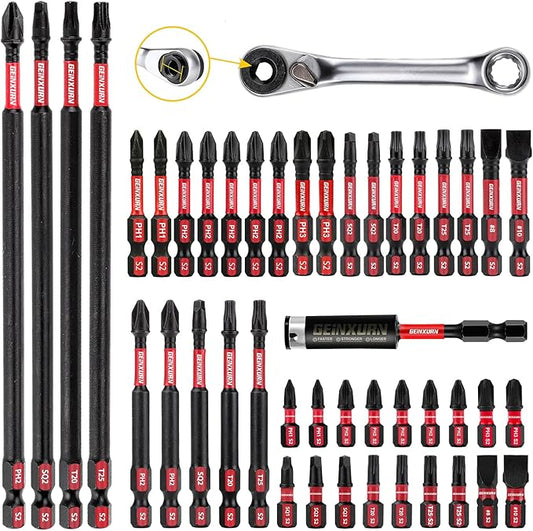 Impact Tough Magnetic Mixed 46Pack Insert Driver Bits, S2 Alloy Steel Screwdriver Power Bits Set with 1Pcs Impact Magnetic Bit Holder and Mini Wrench