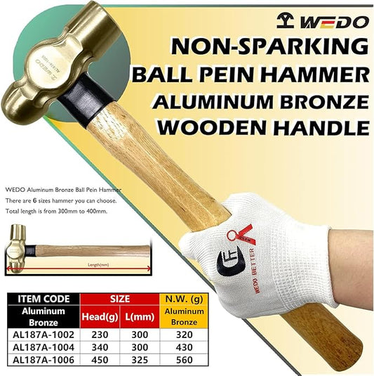 WEDO 3PCS Ball Pein Hammer,1/2lb+3/4lb+1lb Non-Sparking Ball Peen Hammer with Wooden Handle, Aluminum Bronze,Die-forged,Corrosion Resistant,BAM & FM Certificate,DIN Standard